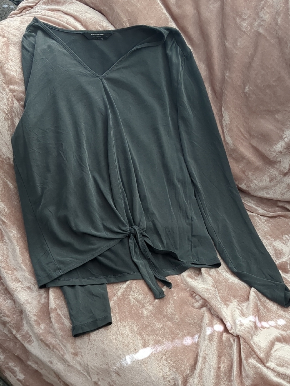 Lucky Brand Charcoal Gray V-Neck Long Sleeve Tie-Front Top